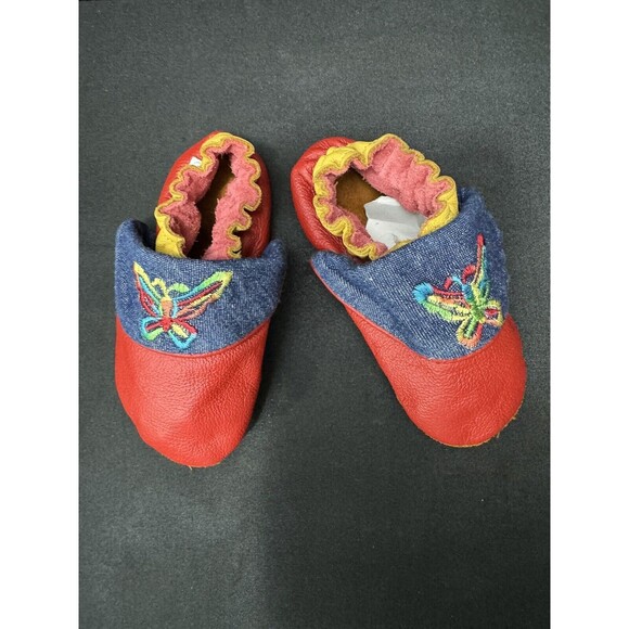 Mini-Mocs Infant Moccasin Shoes 12-18 Months Y2K Butterfly Leather Red + Denim - Picture 2 of 8